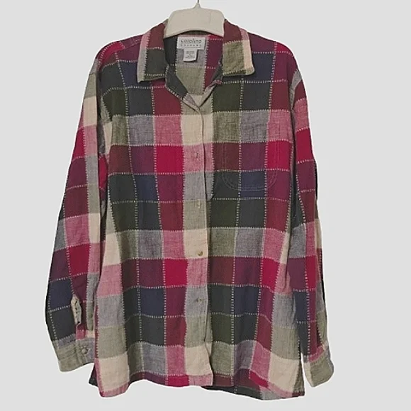 90's Carolina Colours Colorblock Gauze Button-Up Shirt XL 100%Cotton Windowpane - Picture 3 of 15